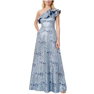 Aidan Mattox NWT Slate Blue Floral Ruffled One Shoulder Maxi Gown Dress Size 8